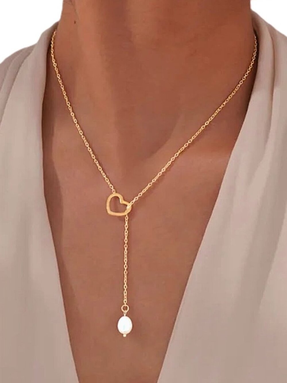Heart and Freshwater Pearl Drop Y-Shape Dainty Necklace 18K Gold PVD NEW